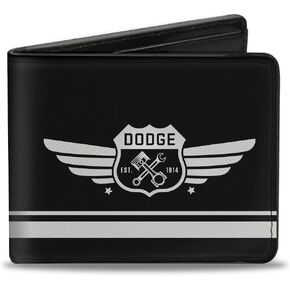 Buckle-Down Men's PU Bifold Wallet-Dodge Garage Emblem Stripe Black/Light Gray, Multicolor, 4.0" x 3.5"