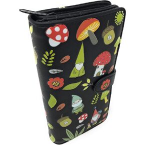 Shag Wear Women's Large Bi-Fold Gnome Forest Wallet with Mushrooms Vegan Leather 7" Tall (Black)