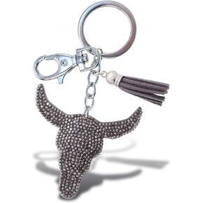 Longhorn Keychain - Grey Sparkling Rhinestones Charm with Tassel, Fashionable Stylish Polyester PU Wild Life Key Ring Bling Jewelry Accessory with Clasp