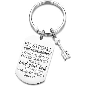 MGHONHDR Bible Verse Be Strong and Courageous Keychain Inspirational God Cross Stainless Steel Dog Tag Keyring