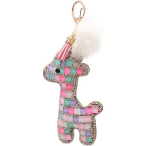 surell - Genuine Mink Fur Giraffe Keychain - Cute Pompom Fashion Accessory Sparkle- Fluffy Fur Ball Sparkly Animal Key Chain