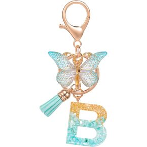 MWOOT Initial Letter B Keychain Key Ring,Cute Alphabet Gold Foil Resin Letter Keyring Charm with Butterfly Tassel Pendant,Fashion Green Keyrings for Women Adult Gift Purse Backpack Handbag Decor(B)