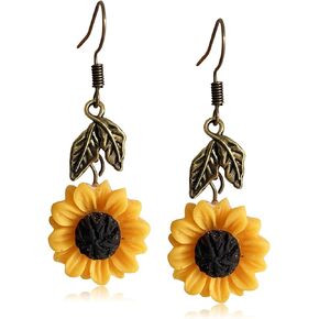 JIUIQL Handmade Resin 3D Sunflower Daisy Flower Dangle Drop Earrings Vintage Silver Leaf Bohemian Little Daisy Flower Hook Earring for Women Girls Cute Elegant Summer Boho Jewelry
