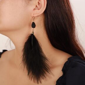 Octwine Boho Feather Earring Long Dangle Earring Feather Tassel Dangle Earrings Vintage Earrings Shiny Bar Party Earrings for Women and Girls(Black)