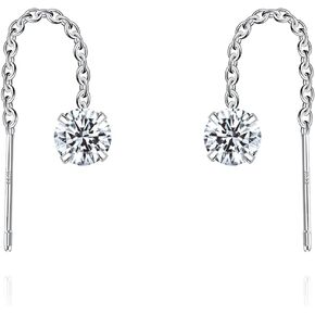 Threader Earrings 925 Silver CZ Drop Pull Through Chain Ear Line Cubic Zirconia Dangle Earrings For Women