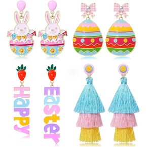 4 Pairs Easter Earrings for Women, Beaded Rabbit Bunny Earrings Colorful Easter Egg Earrings, Spring Holiday Earrings Handmade Easter Accessory Jewelry Gifts