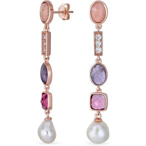 Modern Bridal Tri Tone Mixed Natural Pastel Soft Pink Green Gemstones Geometric Linear Thin Long Off White Freshwater Cultured Baroque Pearl Dangle Earrings For Women Teens Yellow Gold Plated