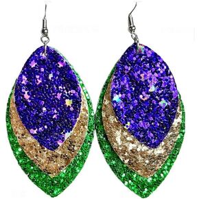 Mardi Gras Earrings Carnival Theme Festival Earrings Glitter Green Purple Yellow Earrings Dangle Drop Earrings for Women Girls Holiday Gift