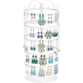 MODOWEY 5 Tier Rotating Earring Holder Organizer, Adjustable Metal Earring Display Stand Rack for Women Girl, 400 Holes and Grooves Earring Tower Tree Organizer for Necklace Bracelet Ring(White)…