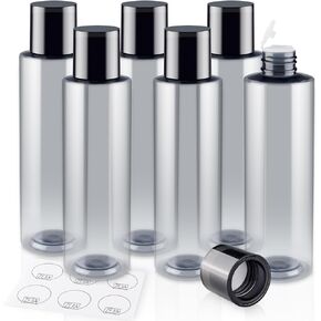 ZEJIA 150ML/5OZ Travel Size Toiletries, 3 Pack Plastic Travel Bottles, Double Leak Proof Travel Size Containers for Shampoo, Lotion, Body Wash, Refillable Empty Travel Bottles with 6pcs Labels