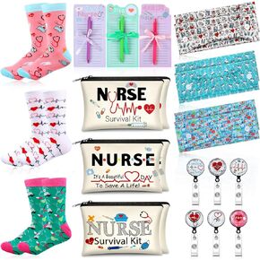 Hotop 36 Pcs Nurse Week Gifts Survival Kit Accessories for Work Badge Reel Makeup Cosmetic Bag Stockings Notepads with Pen Nursing Headbands Buttons Mask Nurses Doctors