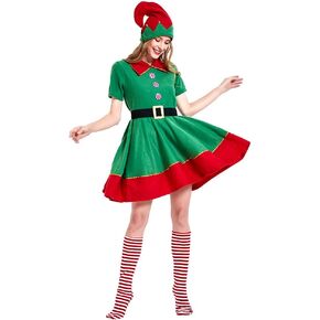 Womens Christmas Elf Holiday Costumes Dress and Hat sock for Women