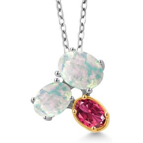 925 Silver and 10K Yellow Gold White Opal and Pink Tourmaline Pendant Necklace For Women (2.48 Cttw, Oval Cabochon 8X6MM, 7X5MM and 6X4MM, Gemstone October Birthstone, with 18 Inch Chain)