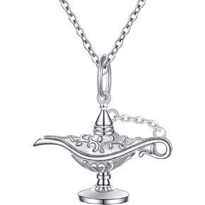 S925 Sterling Silver Aladding Magic Genie Lamp Legend Wishing Carved Lamp Pendant Necklace Jewelry Good Luck Gift for Women Girl