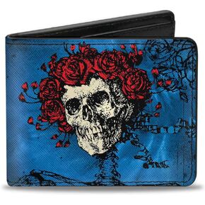 Buckle-Down Men's PU Bifold Wallet-Skull Grateful Dead/Roses Blues/Black/Red, Multicolor, 4.0" x 3.5"