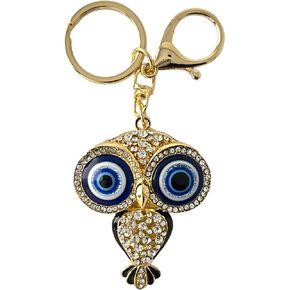 Evil Eye Owl Keychain - Inlaid with Clear Rhinestones - Gold Filigree Back - Drawstring Bag - 5 in Long