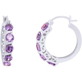 Round Cut Simulated Amethyst Snap Closure Hoop Earrings In 14K Gold Over Sterling Silver