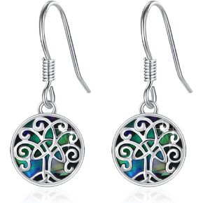 Tree Of Life Abalone Shell Earrings for Women, 925 Sterling Silver Family Tree Celtic Knot Irish Colorful Hoop Earrings Hypoallergenic Dainty Jewelry Good Luck Gifts For Mother Best Friend