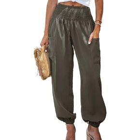 Womens Summer High Waist Carrot Pants Smocked Ruched Wide Leg Side Pockets Flowy Cargo Casual Work Cropped Trousers