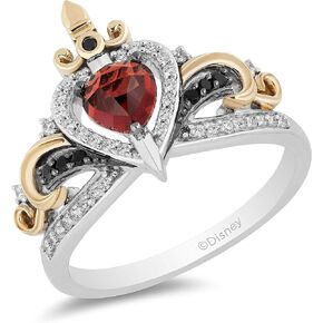 Jewelili Enchanted Disney Fine Jewelry 10K Yellow Gold and Sterling Silver with 1/5 Cttw Diamond and Red Garnet Evil Queen Ring