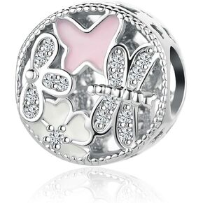 QeenseKc Butterflies Garden Charm Insect Pink Enamel CZ Bead for Pandora Charm Bracelet