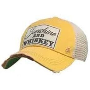 Sunshine & Whiskey Distressed Trucker Cap, Yellow, Cotton, Polyester, Indoor, Outdoor