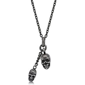 Metro Jewelry Double Skull Necklace for Men in Stainless Steel with Antique Finish on 24 Inch Curb Chain with Lobster Claw