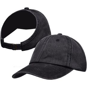 Distressed-Washed Ponycap Messy High Bun Ponytail Adjustable Cotton Baseball Cap Hat Half-Empty Top Sunshade Baseball Cap
