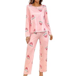 WDIRARA Women's 2 Piece Pajama Set Fruit Graphic Print Long Sleeve Top and Pants Sleepwear