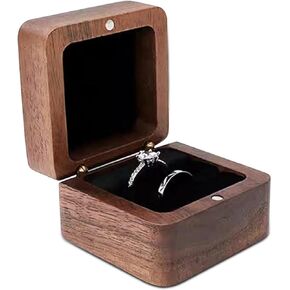 Personalized Wooden Ring Box, Mini Engagement Ring Holder Box with Double Slot, Square Wedding Ring Box for Ring, Elegant and Retro Ring Holder Box for Wedding, Ceremony (black)