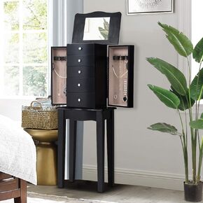 OFFICEJOY Jewelry Storage Chest w/Top Flip Mirror, Wooden Jewelry Armoire Cabinet w/ 5 Drawers, 2 Doors, 6 Necklace Hooks, Jewelry Chest Organizer for Earrings Necklaces Bracelets, Make Up, Black