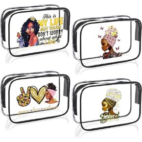 Sweetude 4 Pcs Valentine's Day for Women African American Gifts for Black Women Black Girl Clear Makeup Zippered Travel Clear Toiletry Bag Cosmetic Bags for Women Girl Gifts