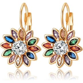 Austrian Crystal Flower Drop Leverback Earrings for Women Fashion 14K Gold Plated Hypoallergenic Jewelry