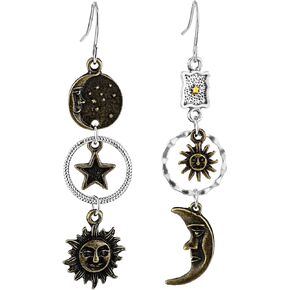 Sun Moon Star Dangle Earrings Vintage Statement Earrings Bronze Gothic Asymmetrical Sun Moon Face Dangle Earrings for Women for Masquerade Cosplay Party Jewelry