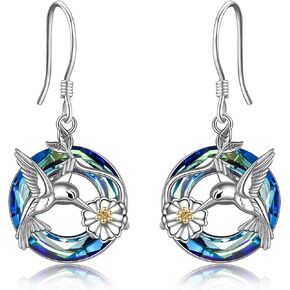 POPLYKE Hummingbird Earrings for Women Sterling Silver Hummingbird Bird Daisy Flower Dangle Drop Earrings with Blue/Volcano Circle Crystal Gifts for Girls