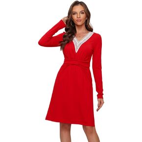 Women's V Neck Lace Trim Fall Club Long Sleeve A Line Swing Casual Dress