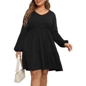Celkuser Womens Plus Size Casual Long Lantern Sleeve Loose V Neck Babydoll Knee Length Dress with Pockets CEL202