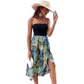 Floerns Women's Sleeveless Tropical Print Wrap Split Dress Summer Sundress