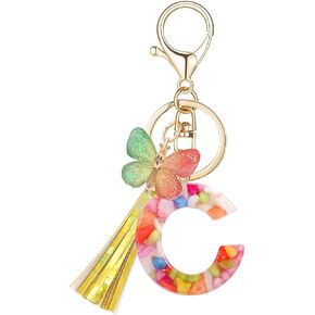 OKAICEN Fashion Alphabet Initial Letter Keychain Laser Tassel Gradient Butterfly Pendant Charm Key Ring for Purse Handbags Women Girl('C')