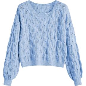 ZAFUL Women's Pullover Sweater Crochet Cable Knit Cropped Sweaters 2023 Fall Long Sleeve Hollow Out Casual Cute Jumper Tops