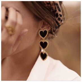 Yheakne Vintage Enamel Heart Drop Dangle Earrings Long Black Heart Earrings Triple Heart Stud Earrings Love Heart Drop Earrings Jewelry for Women and Girls