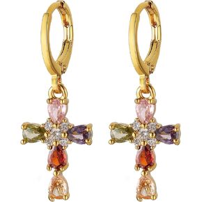 HZMAN Cross Earring for Women Girls 14K Gold Plated Hypoallergenic Dangle Hoop Earrings Dainty Crystal Cubic Zirconia Earrings