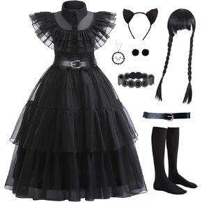 Wednesday Dress for Kids Girls, Addams Family Cosplay Outfit Gothic Costumes for Halloween, Family Party, Birthday