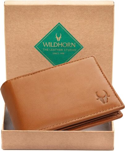 محفظة جلدية من WILDHORN للرجال مع خاصية حجب RFID - محفظة نحيفة أنيقة ثنائية الطي ومحفظة جيب أمامي (ذهبي أسمر ضارب للصفرة) in Saudi Arabia