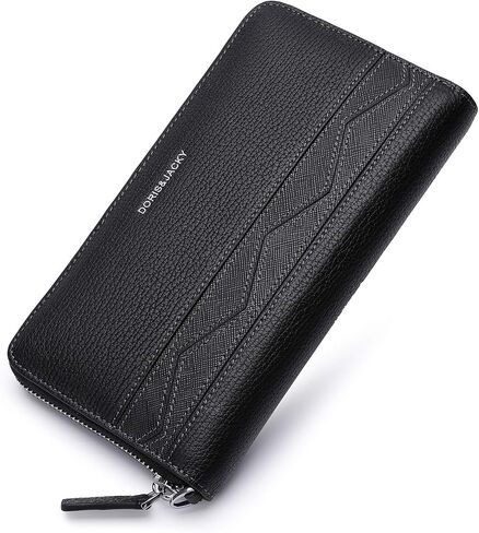 محفظة جلد طبيعي للرجال سوداء طويلة بسعة كبيرة بسحاب وحامل هاتف مع حزام معصم in Kuwait