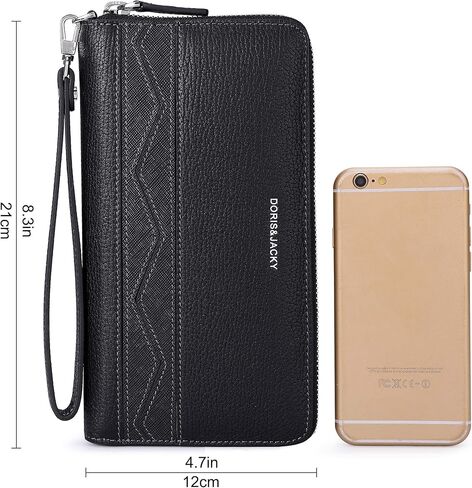 محفظة جلد طبيعي للرجال سوداء طويلة بسعة كبيرة بسحاب وحامل هاتف مع حزام معصم in Kuwait