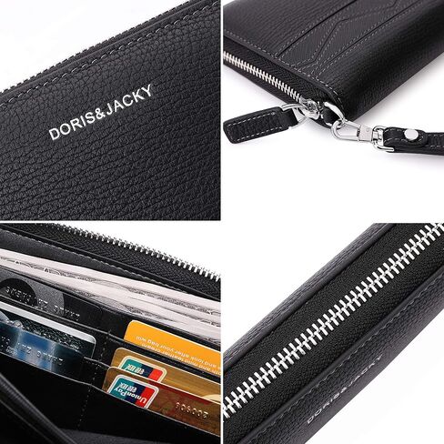 محفظة جلد طبيعي للرجال سوداء طويلة بسعة كبيرة بسحاب وحامل هاتف مع حزام معصم in Kuwait