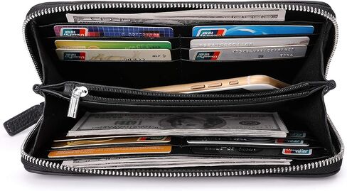 محفظة جلد طبيعي للرجال سوداء طويلة بسعة كبيرة بسحاب وحامل هاتف مع حزام معصم in Kuwait