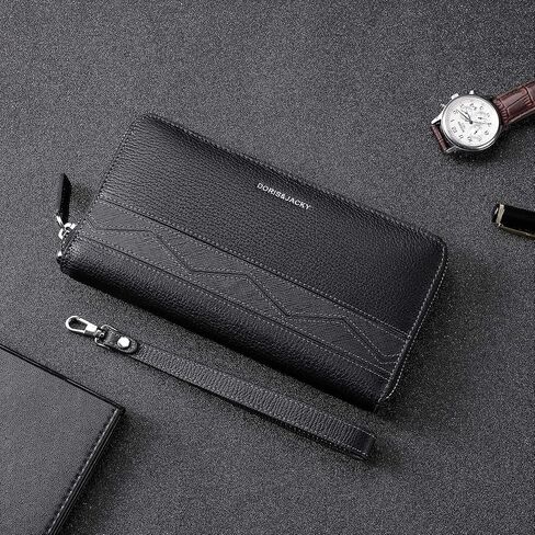 محفظة جلد طبيعي للرجال سوداء طويلة بسعة كبيرة بسحاب وحامل هاتف مع حزام معصم in Kuwait