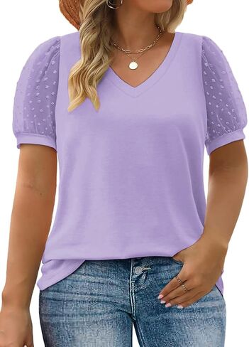 VISLILY Women's Plus-Size-Summer-Tops V Neck T Shirts Swiss Dotted Puffy Sheer Short Sleeve Blouses Tunics in Kuwait
